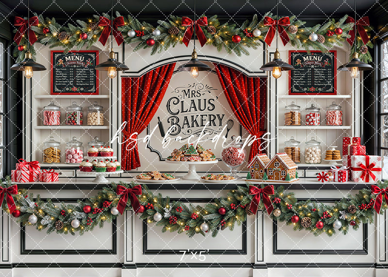 Mrs. Claus Bakery photography backdrop with festive bakery counters, cookies, candy jars, gingerbread houses, garland, and glowing holiday décor for portrait photography.