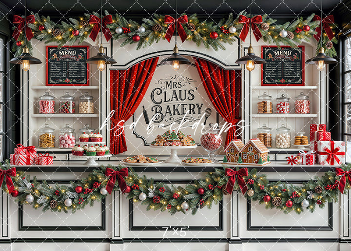 Mrs. Claus Bakery photography backdrop with festive bakery counters, cookies, candy jars, gingerbread houses, garland, and glowing holiday décor for portrait photography.