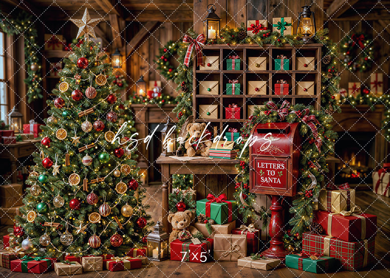 Letters to Santa Workshop photography backdrop with a red Santa mailbox, decorated Christmas tree, festive garland, wrapped gifts, teddy bears, and holiday workshop décor for portrait photography.