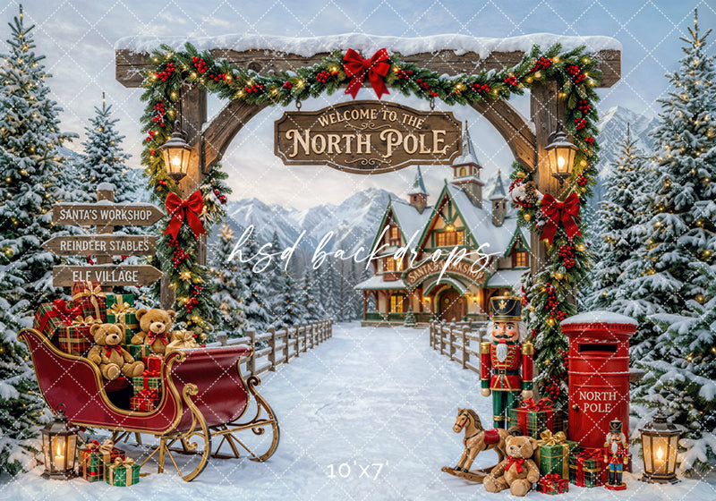 Welcome to the North Pole Photography Backdrop – Santa Sleigh Holiday Scene | HSD Backdrops
