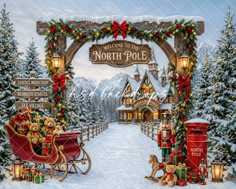 Welcome to the North Pole Photography Backdrop – Santa Sleigh Holiday Scene | HSD Backdrops