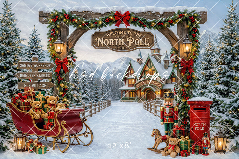 Welcome to the North Pole Photography Backdrop – Santa Sleigh Holiday Scene | HSD Backdrops