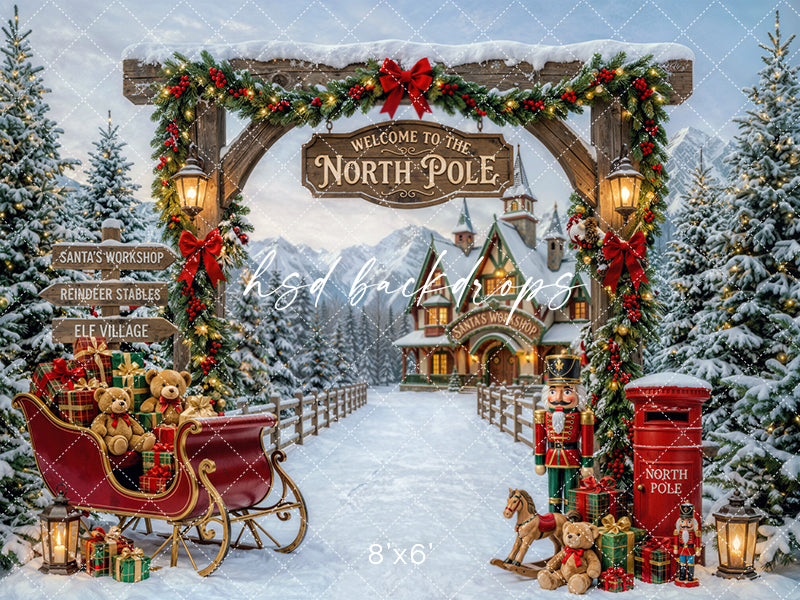 Welcome to the North Pole Photography Backdrop – Santa Sleigh Holiday Scene | HSD Backdrops
