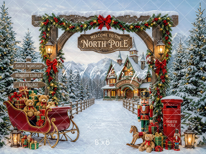 Welcome to the North Pole Photography Backdrop – Santa Sleigh Holiday Scene | HSD Backdrops