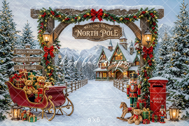 Welcome to the North Pole Photography Backdrop – Santa Sleigh Holiday Scene | HSD Backdrops