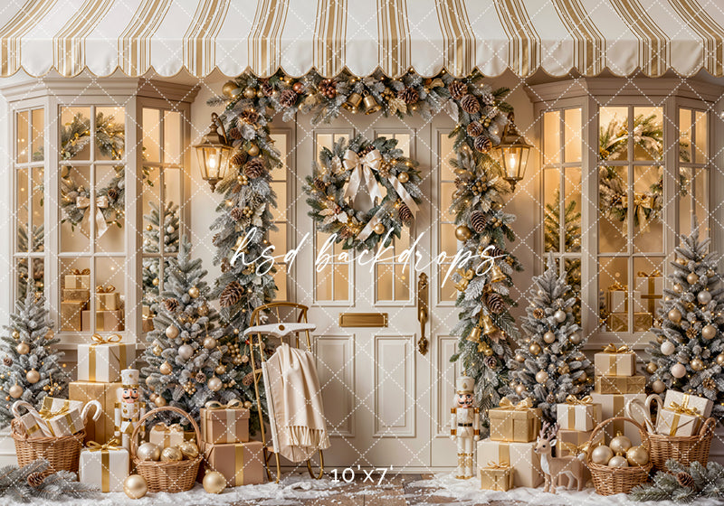 Winter Welcome Door Photography Backdrop – Elegant Christmas Portrait Scene | HSD Backdrops