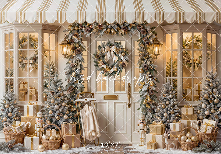 Winter Welcome Door Photography Backdrop – Elegant Christmas Portrait Scene | HSD Backdrops