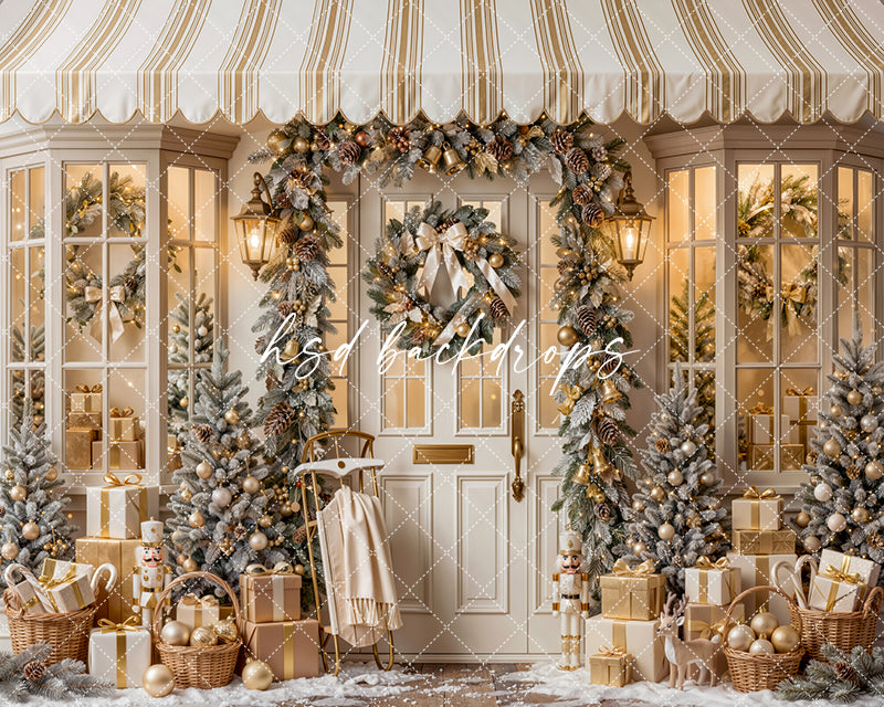 Winter Welcome Door Photography Backdrop – Elegant Christmas Portrait Scene | HSD Backdrops