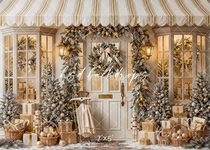 Winter Welcome Door Christmas photography backdrop with champagne and gold decorations, flocked Christmas trees, glowing lanterns, wrapped gifts, wreaths, and elegant holiday porch styling.