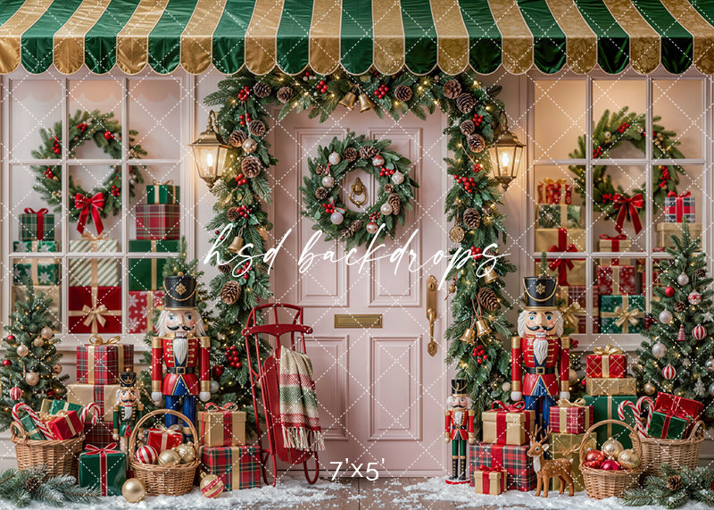 Merry Nutcracker Door Christmas photography backdrop with festive front door, nutcracker decorations, plaid wrapped gifts, garland, wreaths, lanterns, sled, and traditional holiday styling.