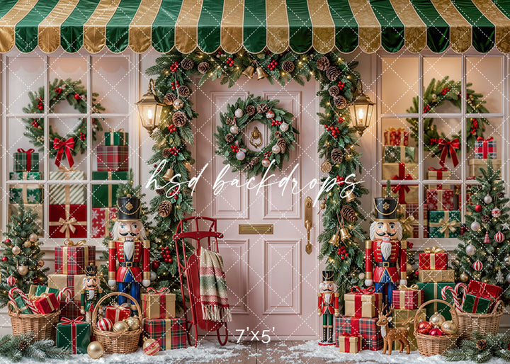 Merry Nutcracker Door Christmas photography backdrop with festive front door, nutcracker decorations, plaid wrapped gifts, garland, wreaths, lanterns, sled, and traditional holiday styling.