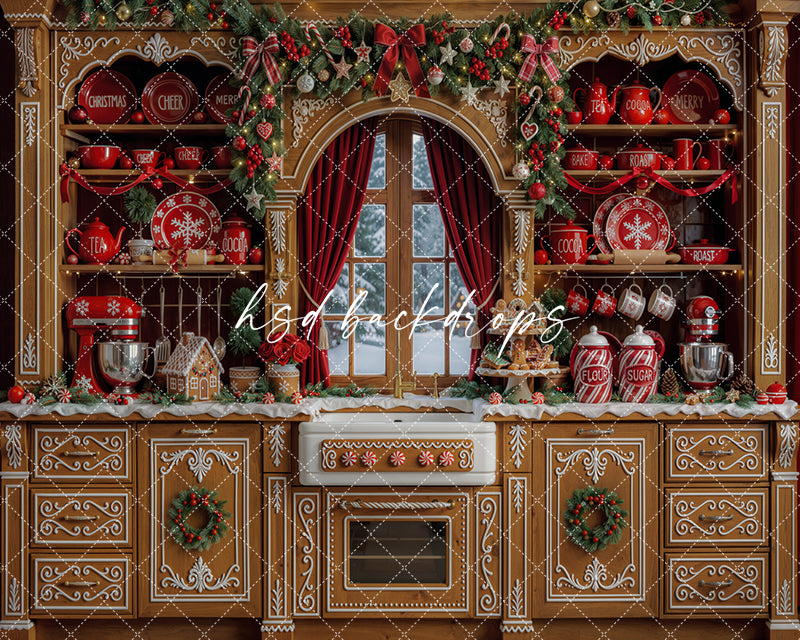 Gingerbread Christmas Kitchen Photography Backdrop – Holiday Baking Portrait Scene | HSD Backdrops