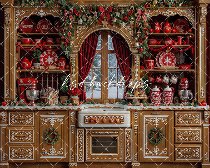 Gingerbread Christmas Kitchen Photography Backdrop – Holiday Baking Portrait Scene | HSD Backdrops