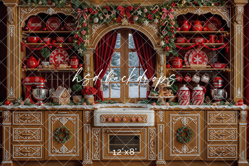 Gingerbread Christmas Kitchen Photography Backdrop – Holiday Baking Portrait Scene | HSD Backdrops