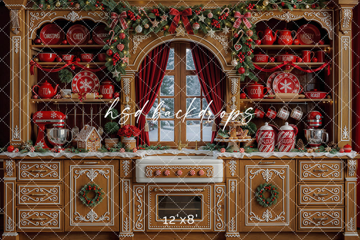 Gingerbread Christmas Kitchen Photography Backdrop – Holiday Baking Portrait Scene | HSD Backdrops