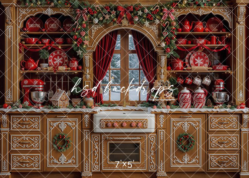 Gingerbread Christmas kitchen photography backdrop with red holiday dishes, baking supplies, garland, wreaths, candy cane details, red curtains, and cozy festive décor.