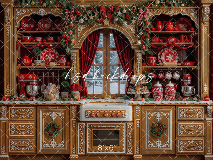 Gingerbread Christmas Kitchen Photography Backdrop – Holiday Baking Portrait Scene | HSD Backdrops