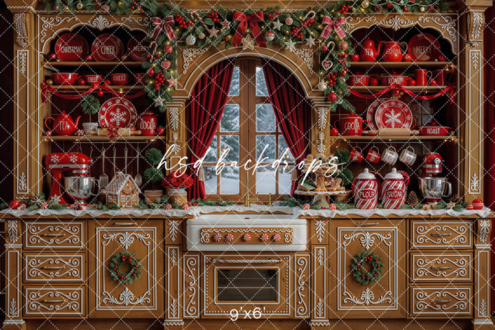 Gingerbread Christmas Kitchen Photography Backdrop – Holiday Baking Portrait Scene | HSD Backdrops