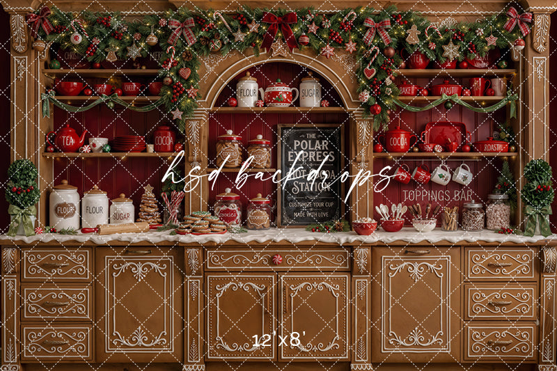 Gingerbread Hot Cocoa Bar Photography Backdrop – Festive Holiday Baking Scene | HSD Backdrops