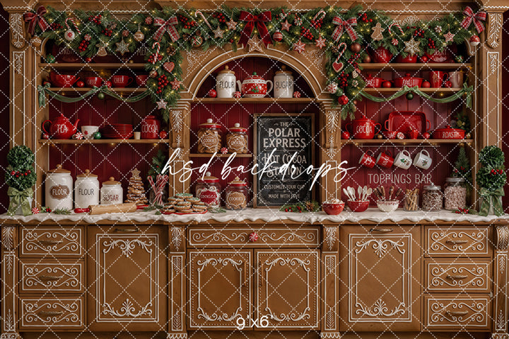 Gingerbread hot cocoa bar photography backdrop with red Christmas shelves, cocoa jars, baking supplies, cookies, candy canes, garland, plaid bows, and festive holiday kitchen décor.