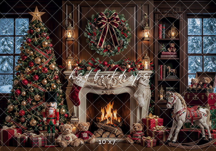 Rocking Horse Christmas Fireplace Backdrop – Traditional Holiday Portrait Scene | HSD Backdrops