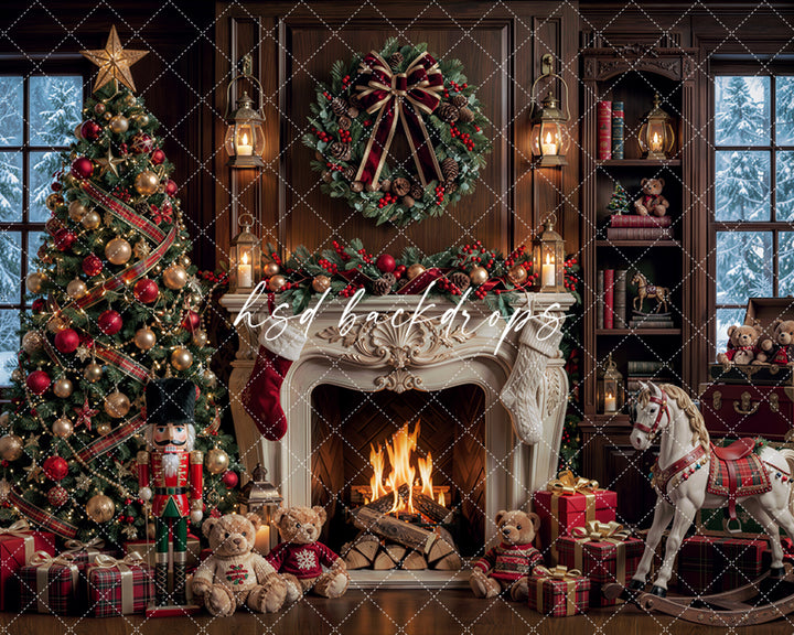 Rocking Horse Christmas Fireplace Backdrop – Traditional Holiday Portrait Scene | HSD Backdrops