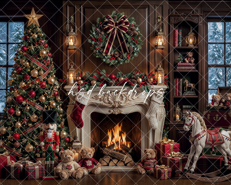 Rocking Horse Christmas Fireplace Backdrop – Traditional Holiday Portrait Scene | HSD Backdrops