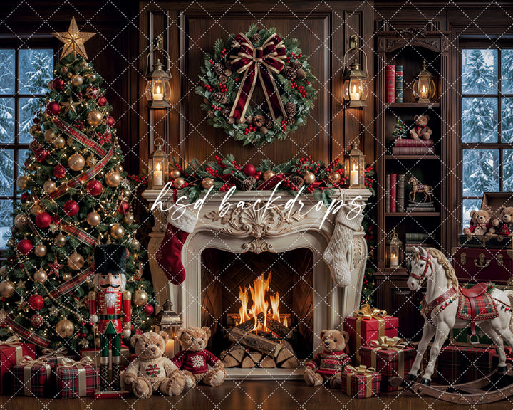 Rocking Horse Christmas Fireplace Backdrop – Traditional Holiday Portrait Scene | HSD Backdrops