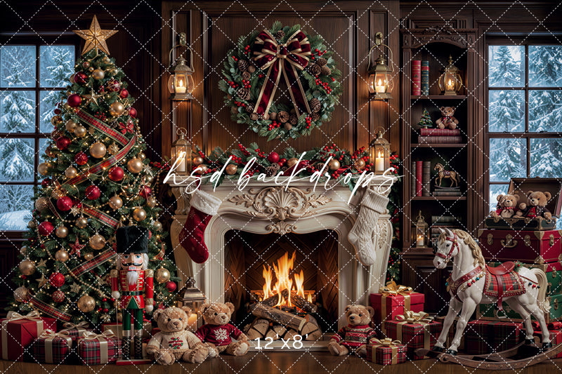Rocking Horse Christmas Fireplace Backdrop – Traditional Holiday Portrait Scene | HSD Backdrops