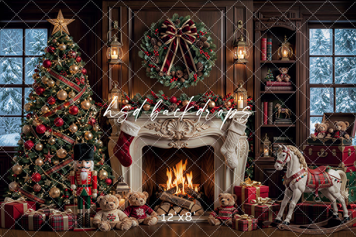 Rocking Horse Christmas Fireplace Backdrop – Traditional Holiday Portrait Scene | HSD Backdrops