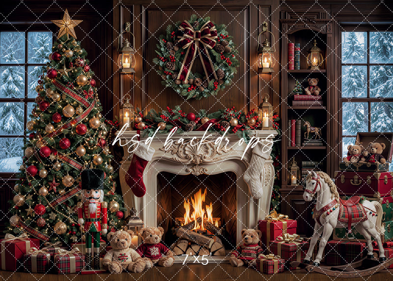 Rocking Horse Christmas fireplace backdrop with glowing fire, decorated tree, festive wreath, nutcracker, teddy bears, wrapped gifts, lanterns, and traditional holiday portrait styling.