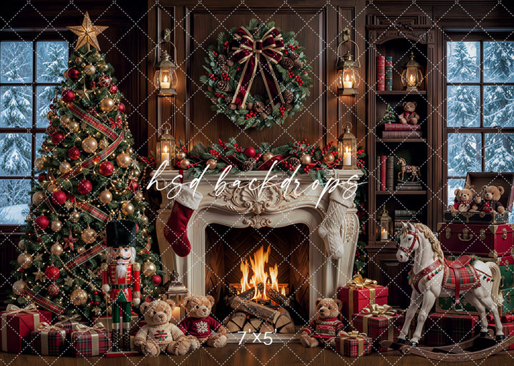 Rocking Horse Christmas fireplace backdrop with glowing fire, decorated tree, festive wreath, nutcracker, teddy bears, wrapped gifts, lanterns, and traditional holiday portrait styling.