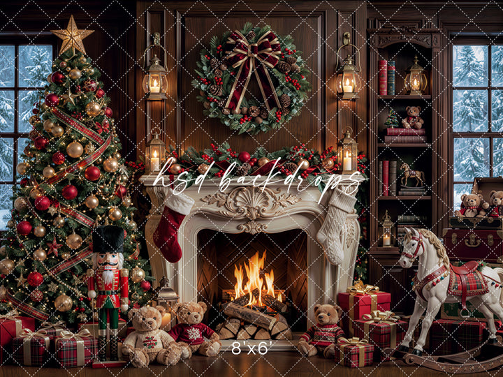 Rocking Horse Christmas Fireplace Backdrop – Traditional Holiday Portrait Scene | HSD Backdrops