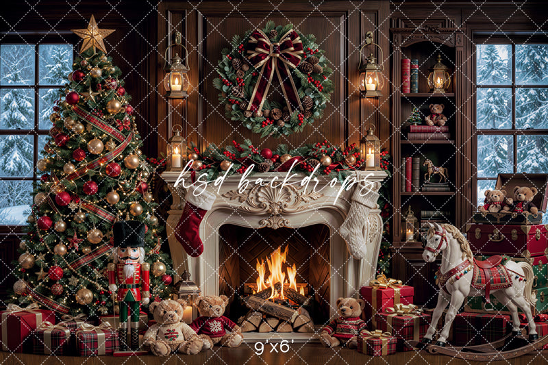 Rocking Horse Christmas Fireplace Backdrop – Traditional Holiday Portrait Scene | HSD Backdrops