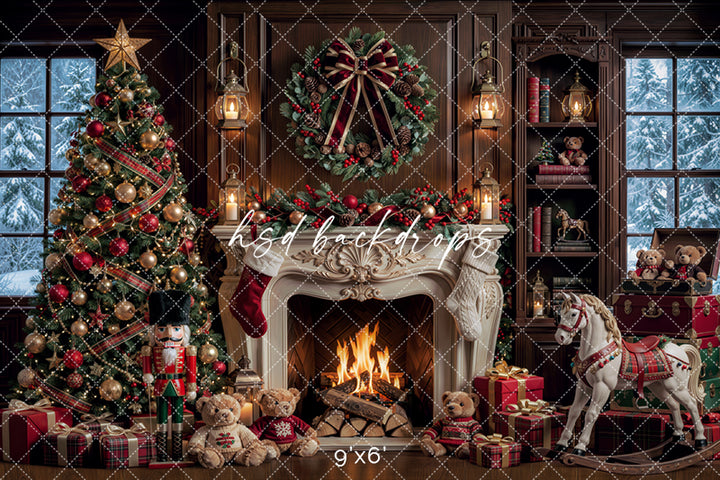 Rocking Horse Christmas Fireplace Backdrop – Traditional Holiday Portrait Scene | HSD Backdrops