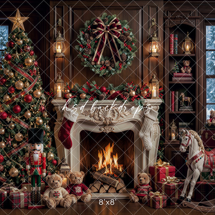 Rocking Horse Christmas Fireplace Backdrop – Traditional Holiday Portrait Scene | HSD Backdrops