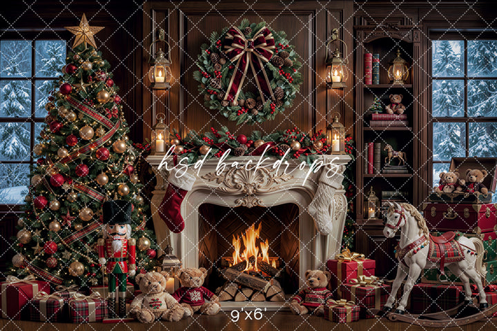 Rocking Horse Christmas Fireplace Backdrop – Traditional Holiday Portrait Scene | HSD Backdrops