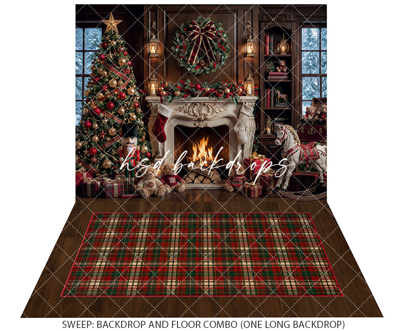 Rocking Horse Christmas Fireplace Backdrop – Traditional Holiday Portrait Scene | HSD Backdrops