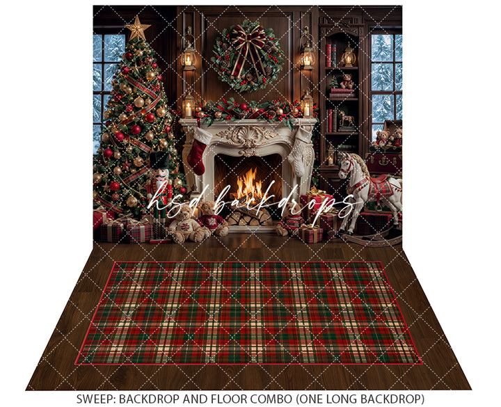 Rocking Horse Christmas Fireplace Backdrop – Traditional Holiday Portrait Scene | HSD Backdrops