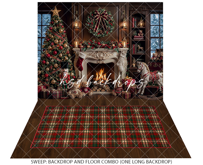 Rocking Horse Christmas Fireplace Backdrop – Traditional Holiday Portrait Scene | HSD Backdrops