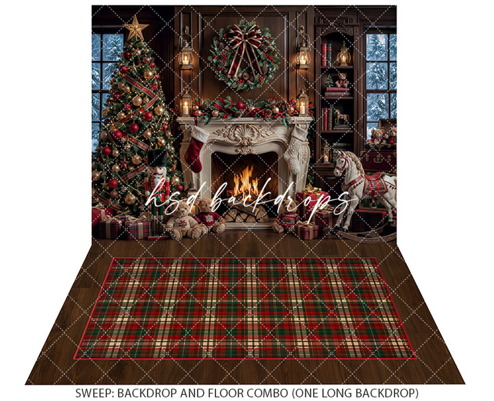 Rocking Horse Christmas Fireplace Backdrop – Traditional Holiday Portrait Scene | HSD Backdrops