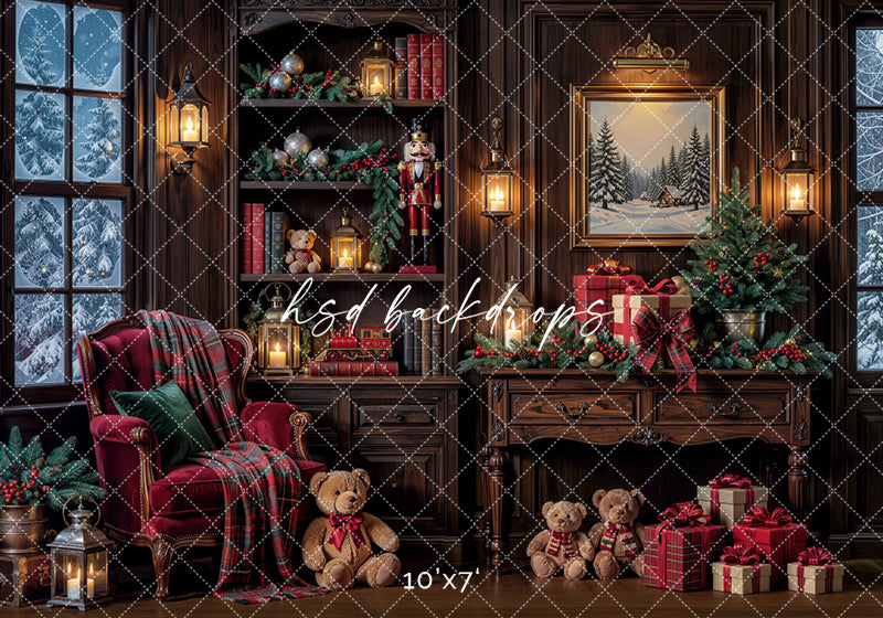Cozy Christmas Study Photography Backdrop – Classic Holiday Library Scene | HSD Backdrops