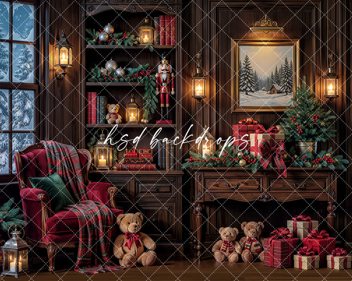 Cozy Christmas Study Photography Backdrop – Classic Holiday Library Scene | HSD Backdrops