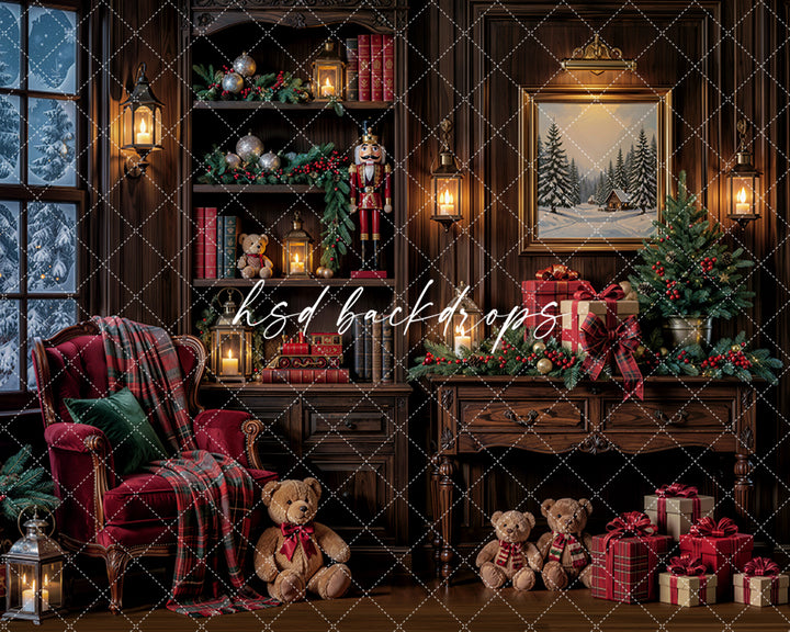 Cozy Christmas Study Photography Backdrop – Classic Holiday Library Scene | HSD Backdrops
