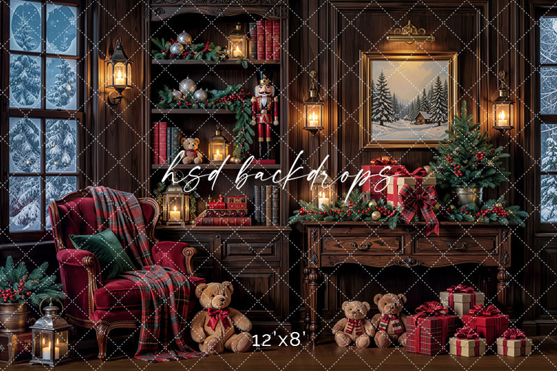 Cozy Christmas Study Photography Backdrop – Classic Holiday Library Scene | HSD Backdrops