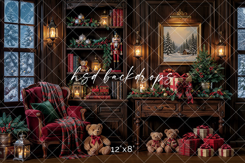 Cozy Christmas Study Photography Backdrop – Classic Holiday Library Scene | HSD Backdrops