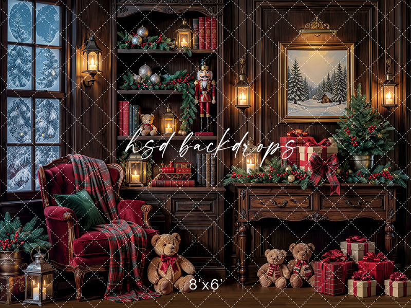 Cozy Christmas Study Photography Backdrop – Classic Holiday Library Scene | HSD Backdrops
