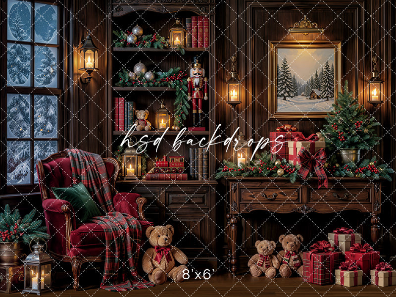 Cozy Christmas Study Photography Backdrop – Classic Holiday Library Scene | HSD Backdrops