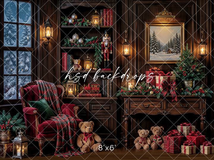 Cozy Christmas Study Photography Backdrop – Classic Holiday Library Scene | HSD Backdrops