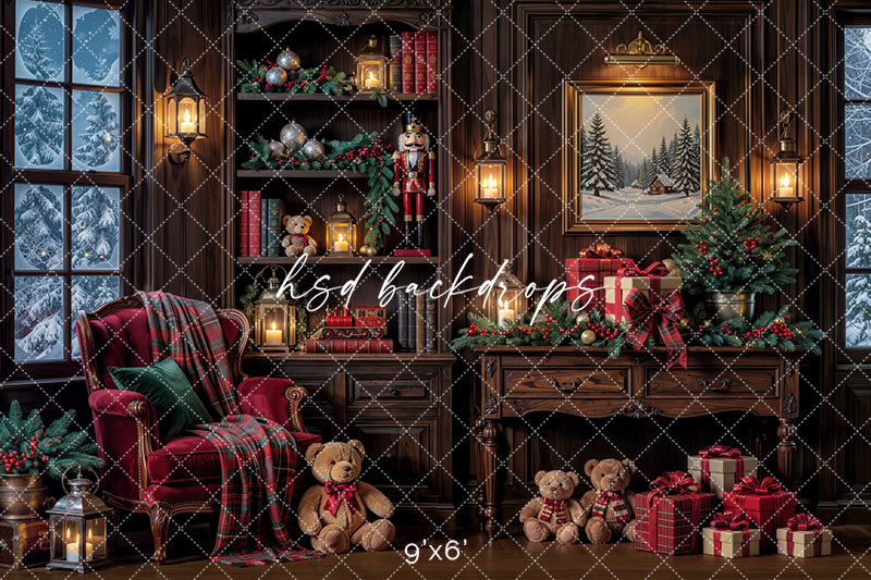 Cozy Christmas Study Photography Backdrop – Classic Holiday Library Scene | HSD Backdrops
